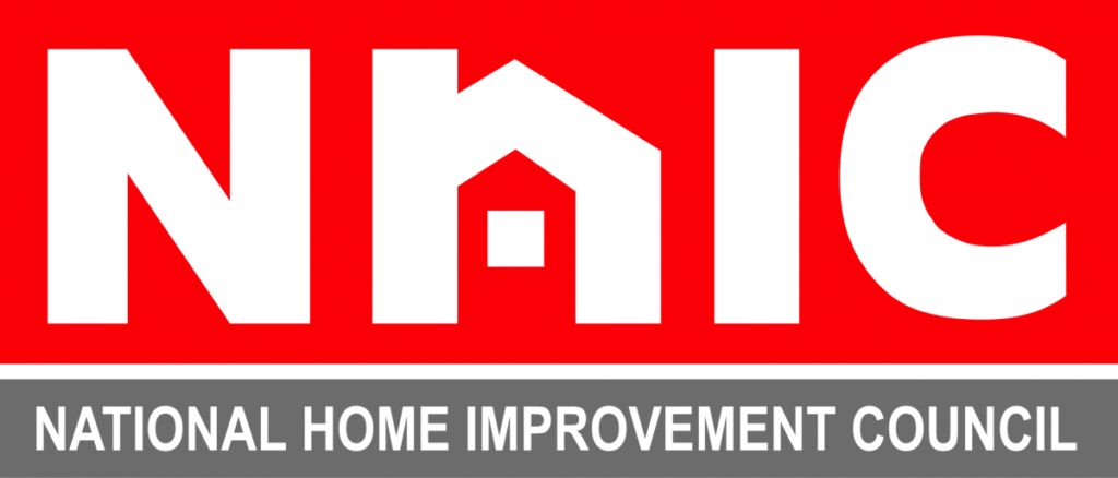 A bold red and white home improvement logo with a house icon.
